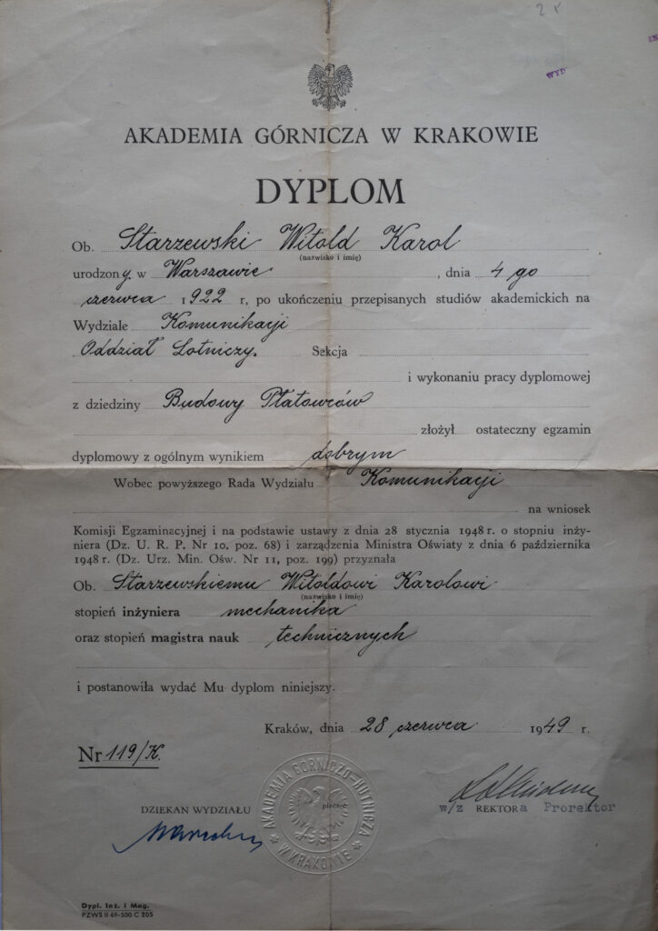 Dyplom ukończenia studiów Witolda Starzewskiego, wydany 28 czerwca 1949 r. Fot.: Ze zbiorów Witolda Starzewskiego