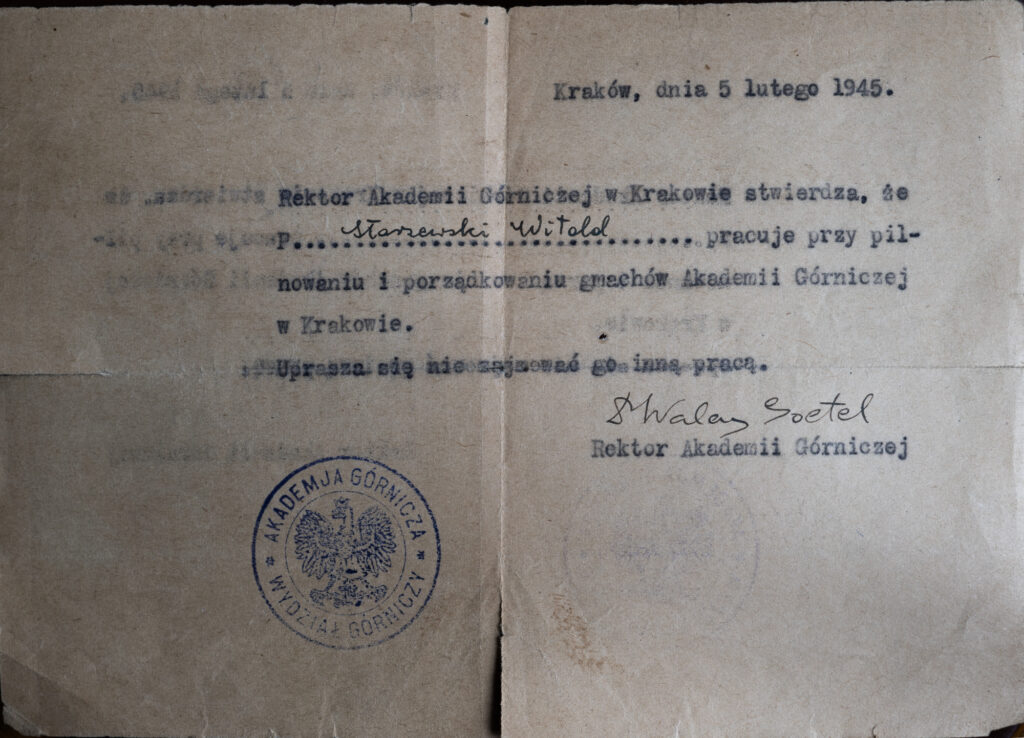 Zaświadczenie wystawione przez rektora AG Walerego Goetla dla Witolda Starzewskiego (w lutym 1945 r. porządkował gmachy AG) Fot.: Ze zbiorów Witolda Starzewskiego