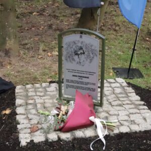 Tablica upamiętnia patrona parku. Wizerunek nawiązuje do zdjęcia wykonanego przez Józefa Gabriela Budziłę, przyjaciela Profesora. Przedstawia Janusza Bogdanowskiego w mundurze wojskowym ojca, Wincentego Bogdanowskiego, majora armii austro-węgierskiej; formacji, w której służyło wielu Polaków, kadra przyszłego wojska polskiego. Fot.: Tomasz Malec