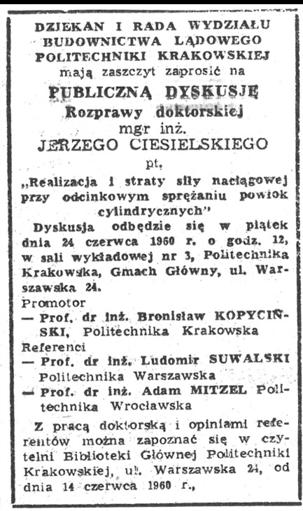 Ogłoszenie o obronie pracy doktorskiej Jerzego Ciesielskiego
