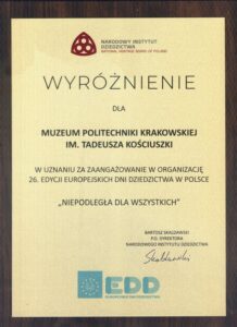 Wyróżnienie dla Muzeum PK od Narodowego Instytutu Dziedzictwa