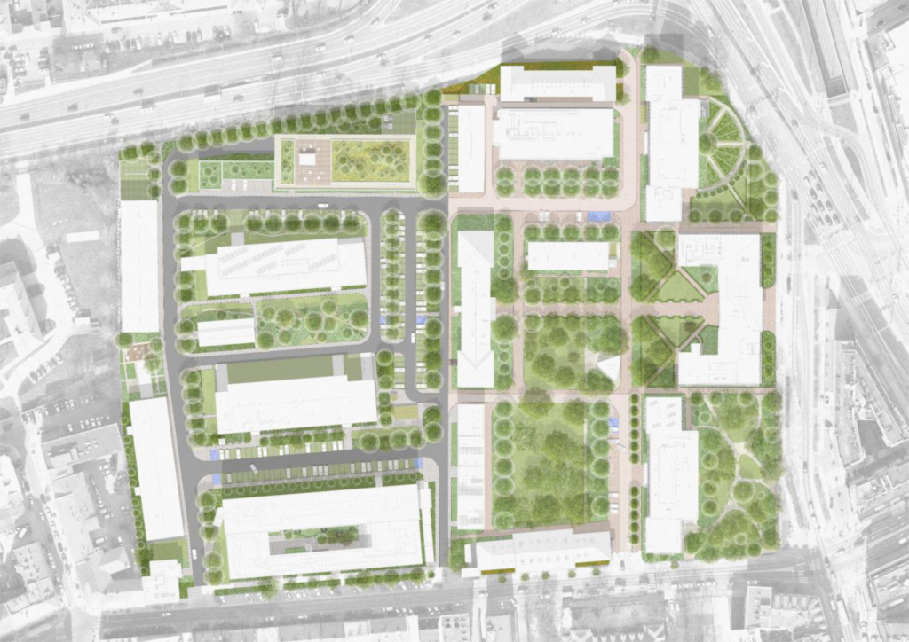 Projekt zmian na kampusie Warszawska - stan projektowany. Grafika: Strategia Zrównoważonego Rozwoju Kampusów PK 2026-2031