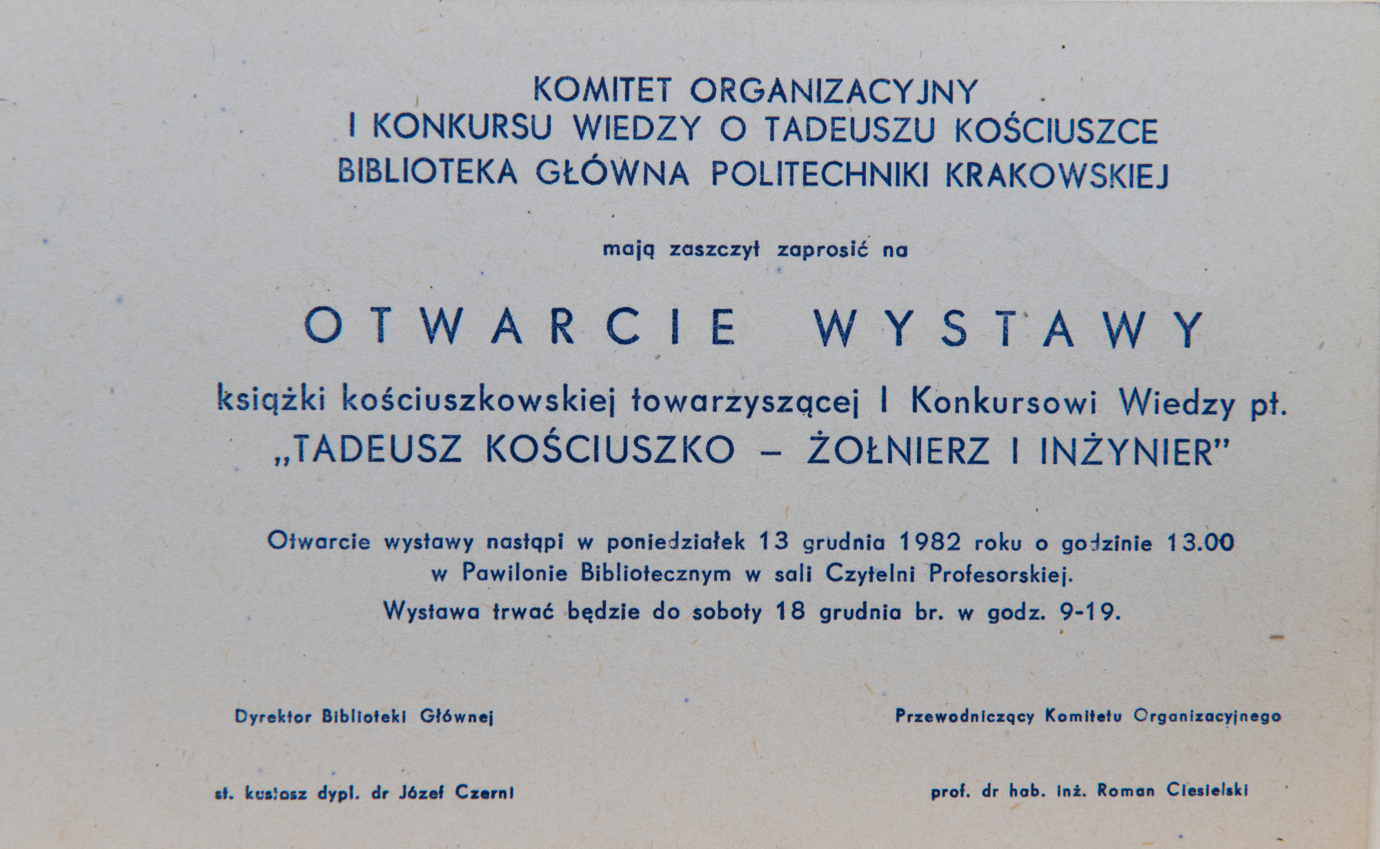 I Konkurs Kościuszkowski zaproszenie na  otwarcie wystawy 1982 r. 
Fot.: Jan Zych