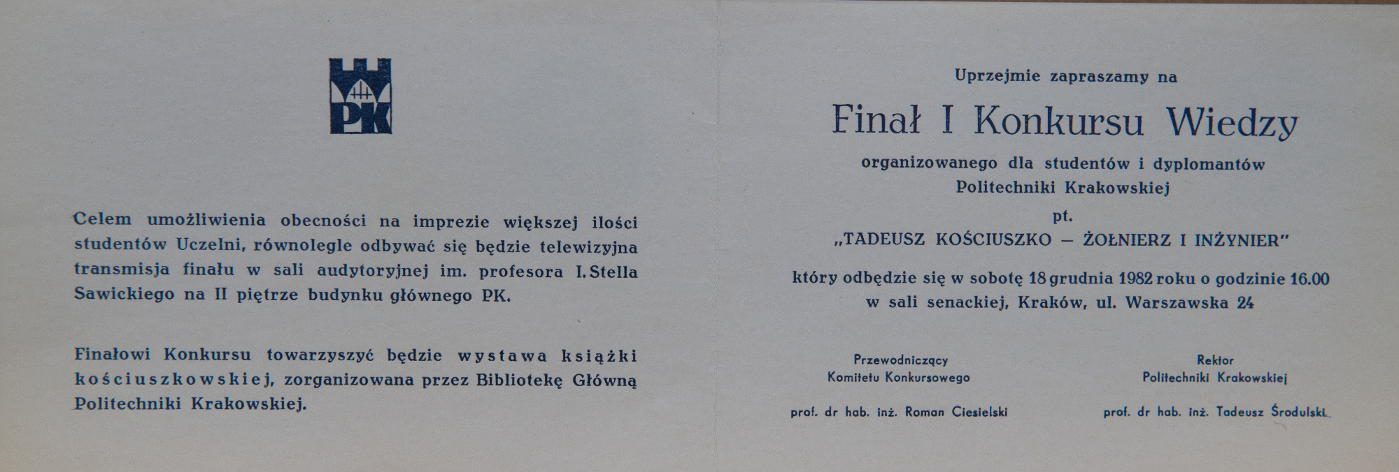 I Konkurs Kościuszkowski zaproszenie na  finał 1982 r. 
Fot.: Jan Zych