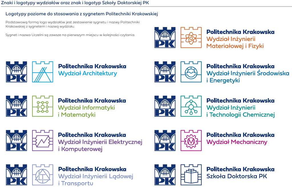 Poziome znaki i logotypy wydzialow oraz znak i logotyp Szkoly Doktorskiej PK - Nasza Politechnika