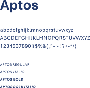 Typografia podstawowa - w zastosowaniach biurowych Arial zostaje zastąpiony przez bardziej współczesny i dostępny font Aptos, stosowany w sytuacji, gdy użycie typografii podstawowej jest niemożliwe lub utrudnione (dokumenty elektroniczne, prezentacje, stopki e-mail) Graf.: Księga Identyfikacji Wizualnej PK